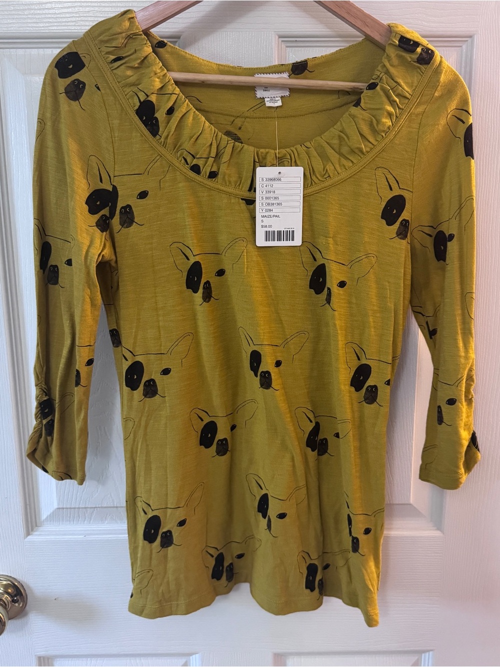 Anthropologie Mustard Yellow Ruffle-Neck Top with Black Dog Faces